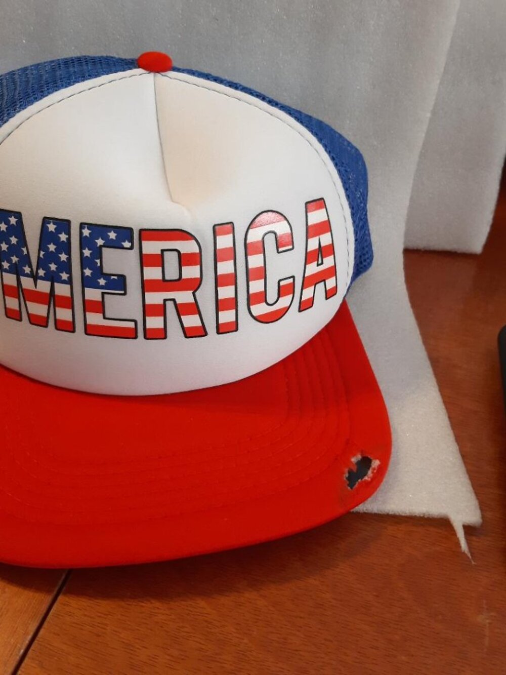 Merica Red White Blue Mesh Truck Hat NEW W DEFECT Left Front Corner Had A Hole
